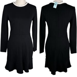 Loft Dress Black 4P Petite Stretch LBD Ruffle Neck LS New